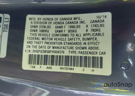 2015 Honda Civic Lx from USA, damaged, VIN 2HGFG3B5XFH504576